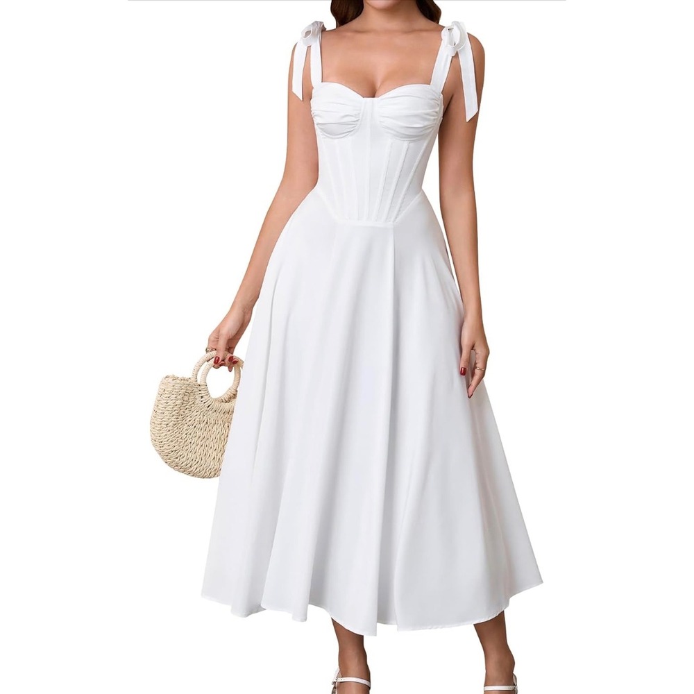 NWT Parthea Corset Midi Dress L White Lace Up Back Tie Shoulder Bridal Ren Faire